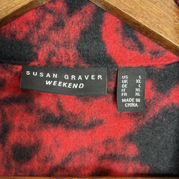 Susan Graver Weekend Rose Jacket Womens Large Red Black Fleece Snap Button - Picture 3 of 7